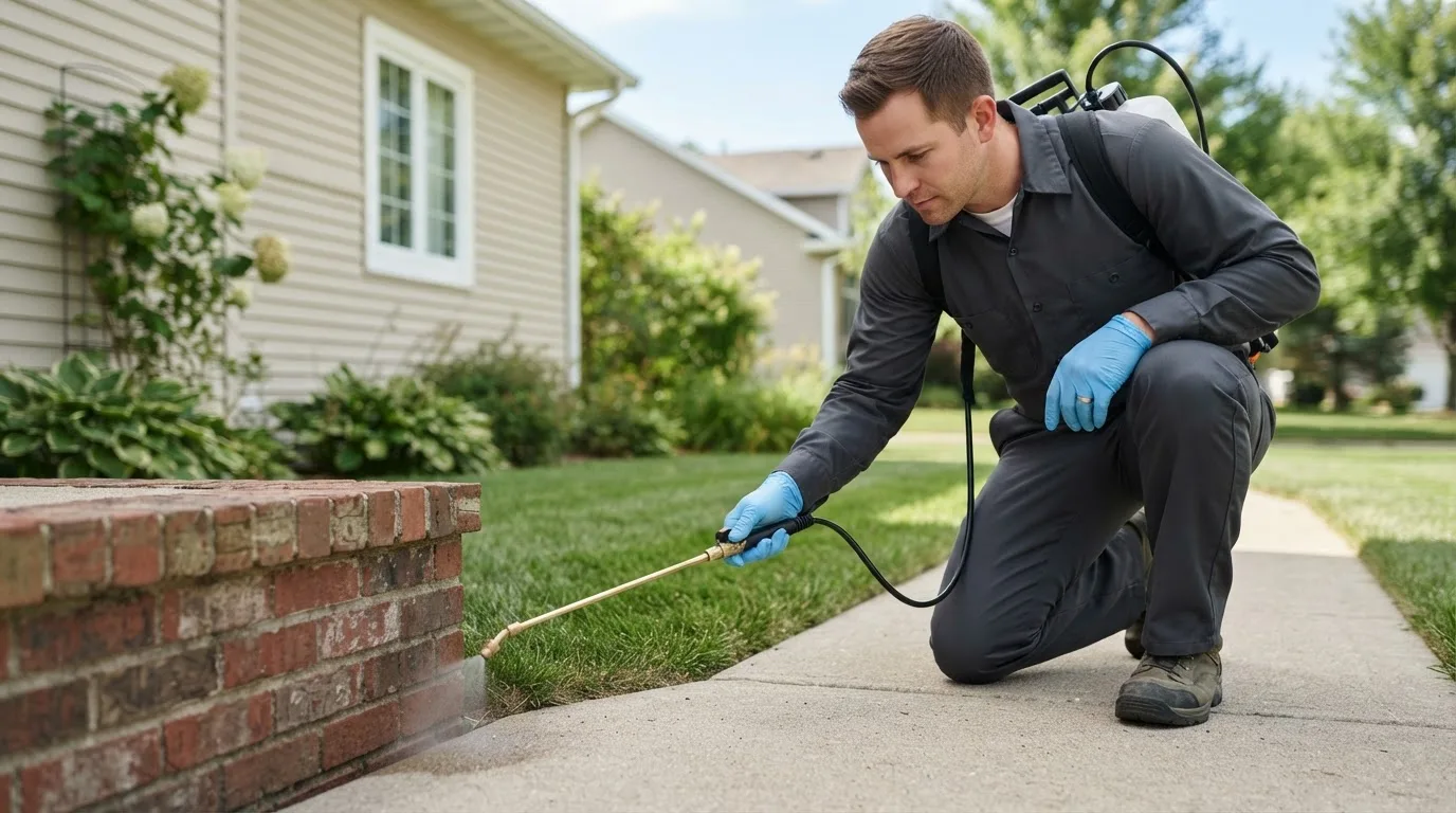 Pest control technician treating a home near Atomic City, ID